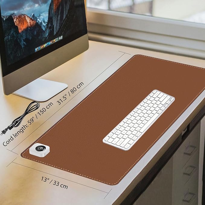 Heated Desk Pad Mouse Pad - Heated Desk Mat - Warm Desk Pad - 3 Levels Heating &amp 4 Hours Auto Shut-Off PU Leather Mouse Pad - 31.5 x 13 inch (Brown)