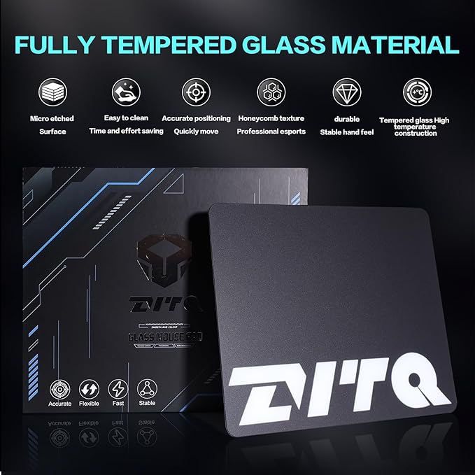 Glass Gaming Mouse Pad Micro-Etched SurfaceTempered Glass Ultra-Smooth Finish Anti-Slip Honeycomb Base 13.8 x 11.8 Inches（White-Small Logo）