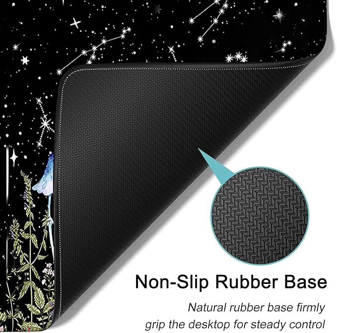Desk Pad Extended Large Mouse Pad with Stitched Edges (31.5X11.8In) Ergonomic Mouse Wrist Rest Waterproof Computer Keyboard Mouse Mat Wildflowers Butterfly Starry Sky XXL Black Gaming Mouse Pad