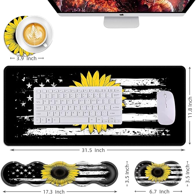 Mouse PadLarge Desk Mat Set 4in1 XL Mousepad + Keyboard Wrist Rest+Mouse Wrist Rest+Coaster with Ergonomic Desk Pad for Home Office Table Computer Cover -American Flag with Sunflower