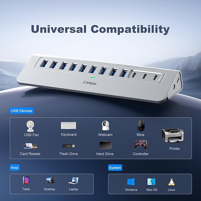 Powered USB Hub intpw 12 Port USB C Hub with 10Gbps USB C 3.2+2 USB A 3.2 7 USB 3.0 2 PD 45W Charging Port 65W Power Adapter + 3.3FT Cable Aluminum USB Hub for Laptop/iPhone 17/16/PC