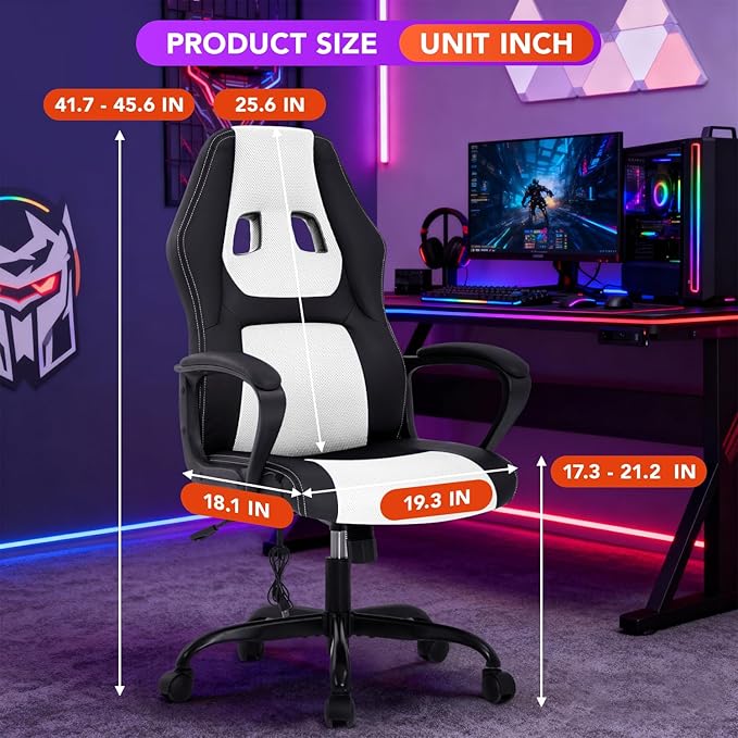 BestOffice Gaming Chair with Massage Ergonomic Office Desk Chair Adjustable Lumbar Support &amp HeadrestComputer Task Chair 360° Swivel for Adults (White)