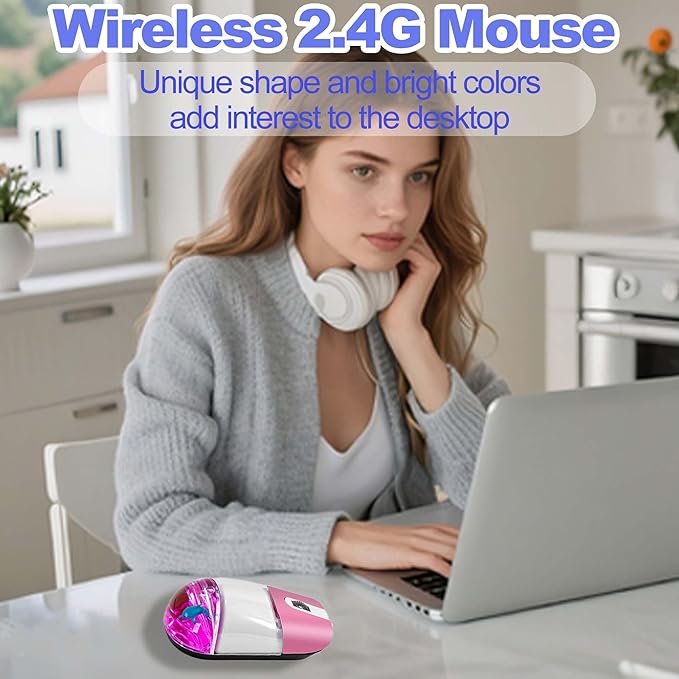 Wireless Mouse Cute Clear Water Silent Lightweight Portable Aqua Transparent Liquid Optical Retro Cordless Mice with USB Receiver Floater Dolphin for PC Laptop Computer MacBook Kids Girl Gift (Pink)