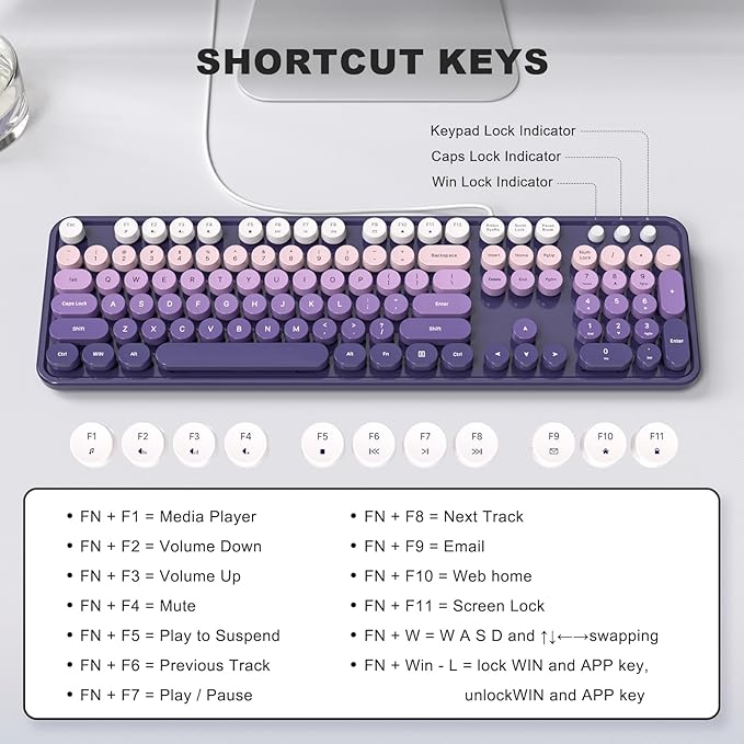 Computer Keyboard Wired Plug and Play USB Retro Round Typewriter Keyboard Full Size Wired Keyboard with Foldable Stands for Laptop and Office PC- Purple Gradient