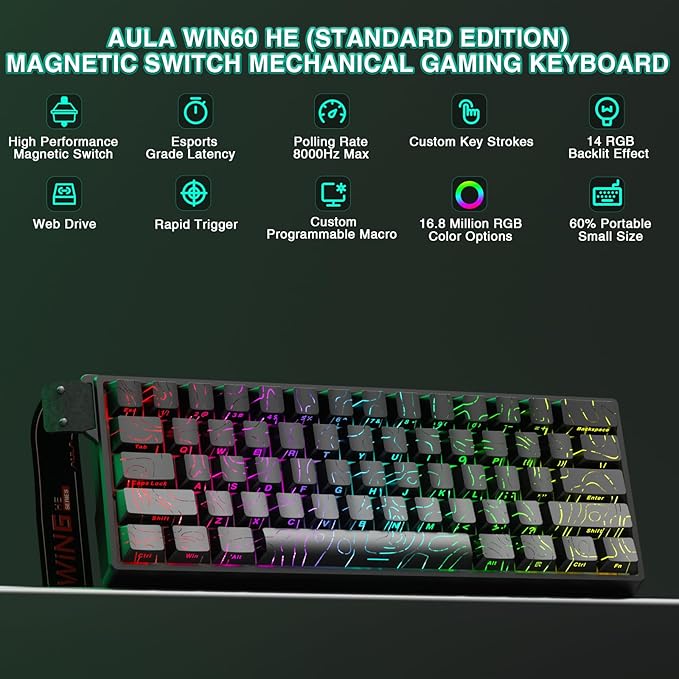 Aula WIN60 HE - 60% Mechanical Gaming Keyboard Wired Hall Effect Magnetic Switch Hot Swappable Adjustable Actuation RT Mode 8000 Hz Polling Rate RGB Keyboard 60 Percent Compact Design for PC