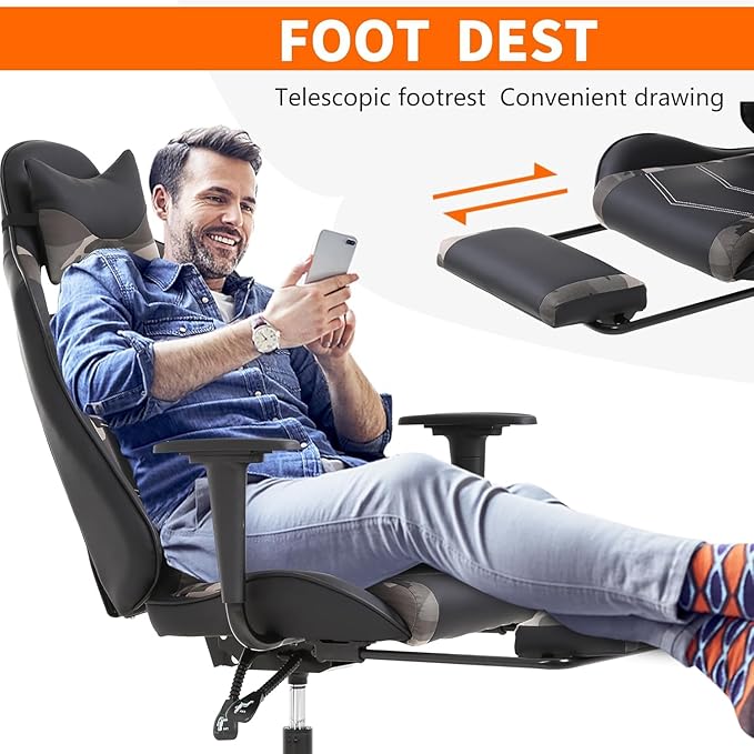 PC Gaming Chair with Footrest Ergonomic Home Office Chair with Lumbar Support &amp Headrest Pillow Height Adjustable Swivel Recliner Racing Computer Video Game Chairs Camo
