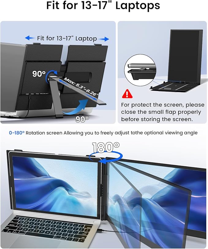 Laptop Screen Extender 14 Ultra-Slim &amp Lightweight Portable Monitor for 13-17 Laptops 1080P FHD Dual Monitor One Cable Connection Compatible with Wins/Mac/Android/Linux/Chrome (Grey)