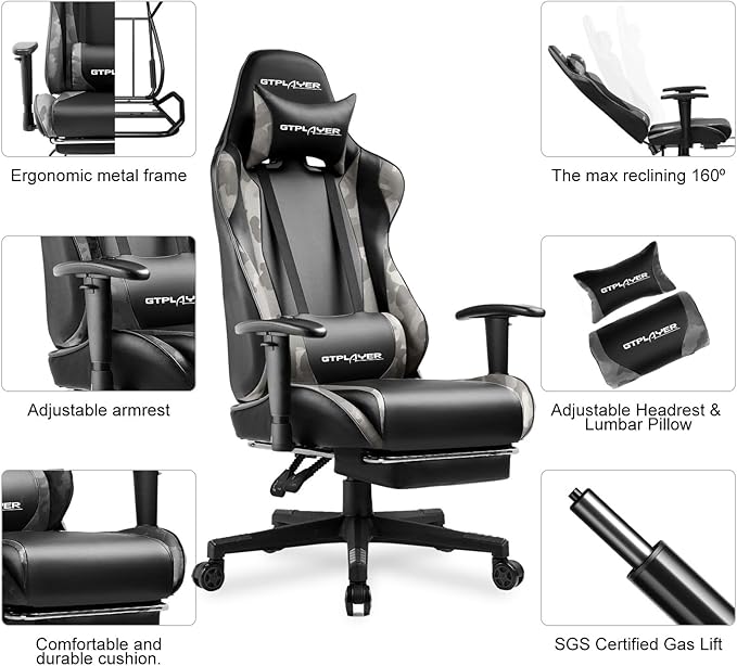 GTPLAYER Gaming Chair with Footrest Ergonomic Computer Game Desk Chair Reclining Game Chair Seat Height Adjustment Swivel Rocker with Headrest and Lumbar (Camouflage)