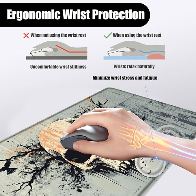 Mouse PadLarge Desk Mat Set 4in1 XL Mousepad + Keyboard Wrist Rest+Mouse Wrist Rest+Coaster with Ergonomic Desk Pad for Home Office Table Computer Cover -Skull with Branches and Crows