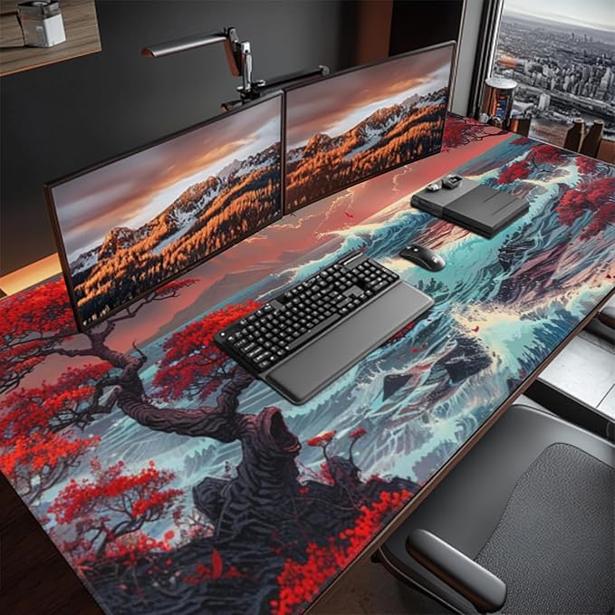 Japanese Desk Mat - 48 x 24 Inches - Sea Wave Extended Big Mouse Pad LargeXXXL Gaming Mouse Pad Desk Pad with 3mm Non-Slip Base and Stitched Edge for Home Office WorkFantasy Artwork Style