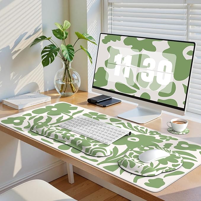 iCasso Desk Cover Mat 4in1 Floral Large Mouse Pad with Wrist Rest Desk Matt for Desktop Anti-Slip XXL Big Computer Ergonomic Mousepad with Wrist Support for Keyboard and Mouse (Green)