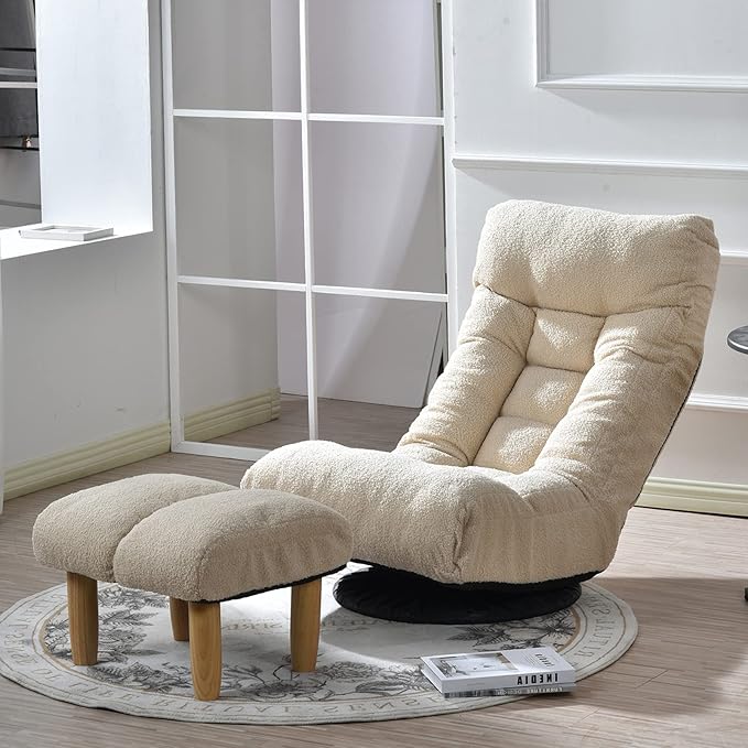 360-degree Swivel Gaming Chair Folding Floor Chair with Adjustable Backrest Cushion Padded Indoor Chaise Lounge with Stool Lazy Sofa Couch Rocker Gaming Chair for Teens and Adults