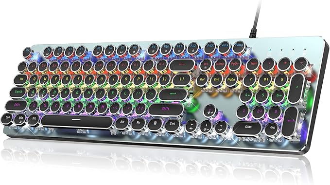 RisoPhy Typewriter Style Mechanical Gaming Keyboard Metal Panel Retro Punk Round Keycaps Clicky Blue Switch Rainbow LED Backlit 104 Keys Wired Keyboard Round Keycaps for PC Laptop Mac Gamer
