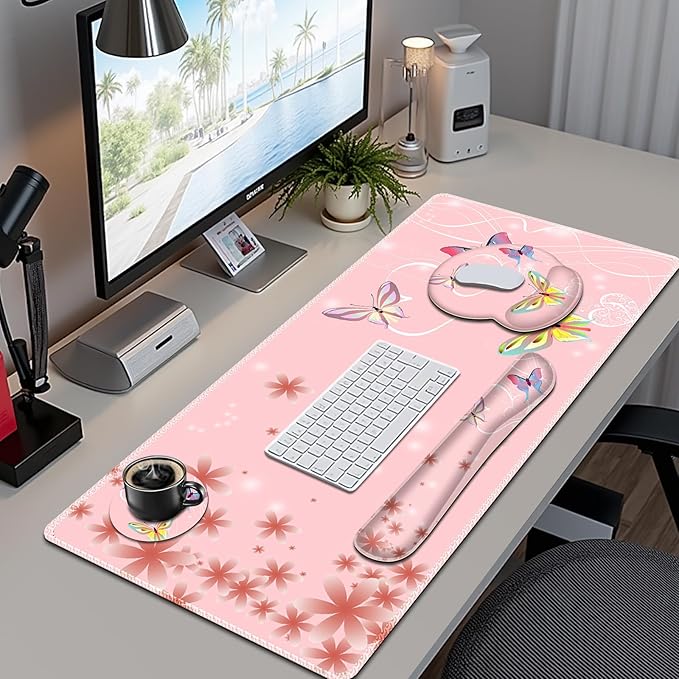 Peach Pink Butterflies Florals Mouse Pad XXL Large Desk Mat Extended Reading Desk pad 4 PCS Non-Slip Rubber Base Computer Big Mousepads for Work Game Office Home Decor Cute Girls Woemn Gifts