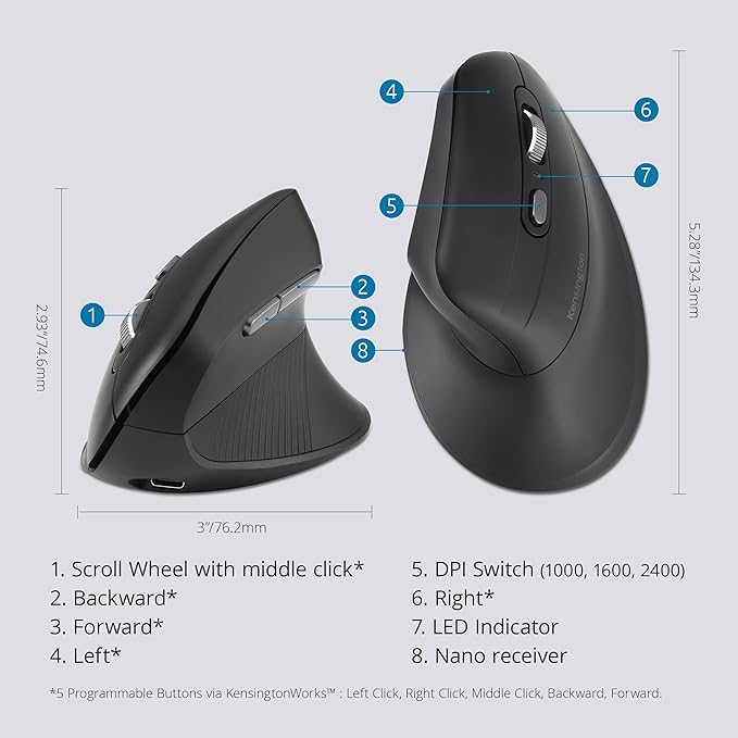 Kensington MY630 EQ Wireless Rechargeable Mouse Ergonomic Vertical Design Bluetooth LE 2.4GHz Black (K72484NA)