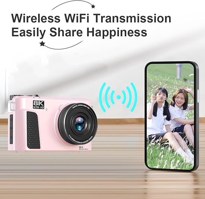 Zopsc 8K Digital Camera 88MP with WiFi 18X Zoom and 3in Flip Screen Autofocus Vlogging Camera with LED Fill Light Live Streaming Webcam for Travel (Pink)