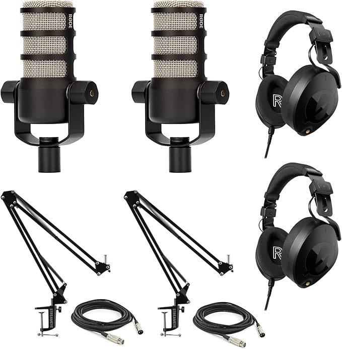 Rode PodMic Dynamic Podcasting Microphones Bundle with StreamEye BOOMARM1 Microphone Boom Arms Rode NTH-100 Professional Closed-Back Over Ear Headphones XLR Cables and StreamEye Polishing Cloth