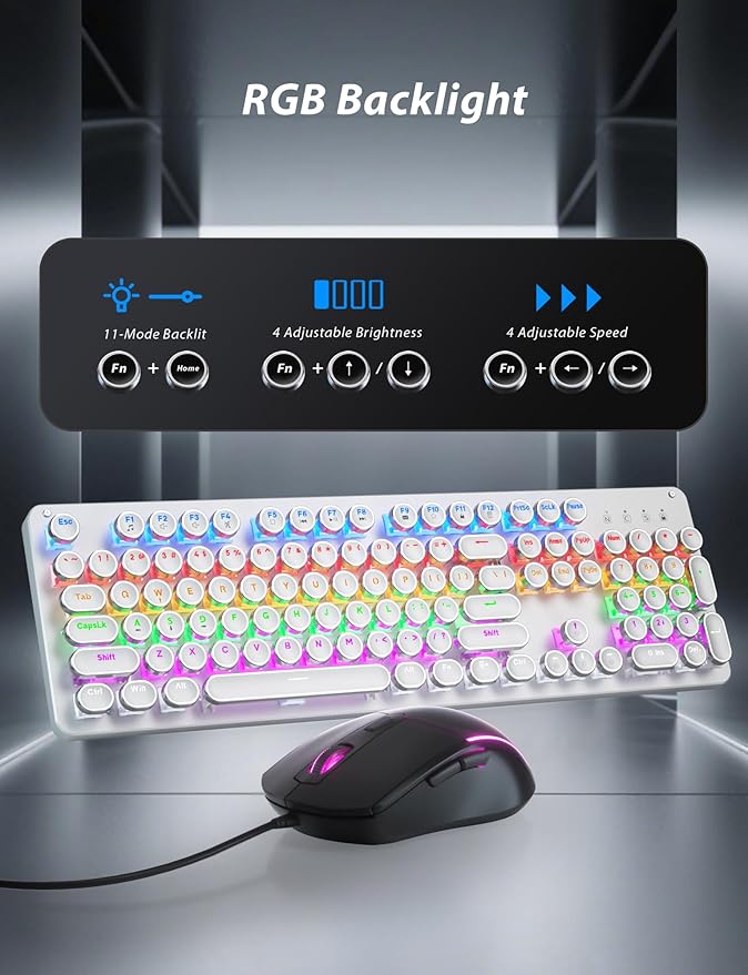Typewriter Mechanical Gaming Keyboard and Mouse 104-Key Full Size Retro Keyboards Metal Panel Punk Round Keycap Clicky Blue Switch with RGB Backlit Mouse and Pad Combo for PC Laptop Mac Gamer White