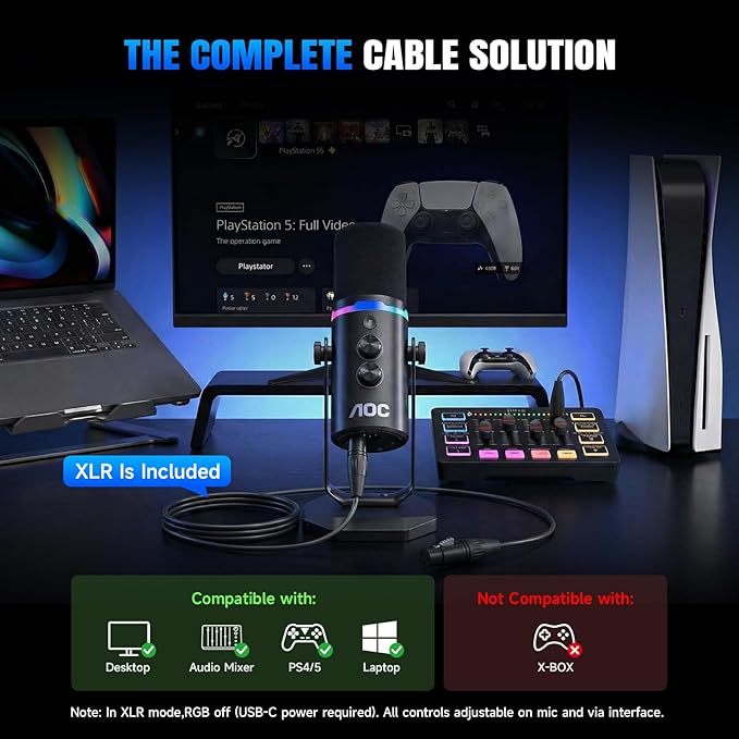 AOC USB/XLR Dynamic MicrophonePC Gaming Mic with RGB LightPodcast Mic for Recording Streaming Vocal &amp Singing with Mute Button 3.5mm Headphone JackDesktop Stand (XLR Cable Included)