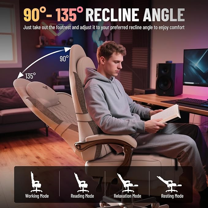 Soontrans Linen Fabric Gaming Chair Racing Office Computer Desk ChairErgonomic Gamer Chairs for Adult High Back Comfortable Video Game Chair with Footrest and Massage Lumbar Cushion