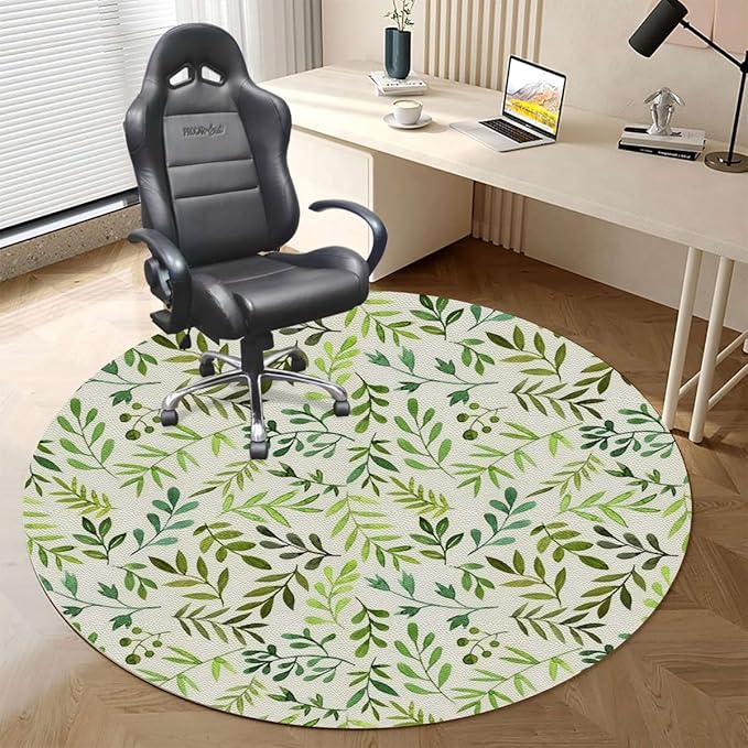 Olive Avocado Green PU Leather Office Chair Mat for Hardwood Floor Computer Chair Mat Green Leaf Watercolor Style for Home/Office Rolling Chair and Computer Desk Romantic Nature Diameter 55 in