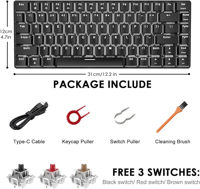 LexonElec Portable 80% Mechanical Gaming KeyboardHot-Swappable Compact 82 KeysWhite BacklitPBT KeycapsErgonomic Wired Office Keyboard for Windows Laptop PC Mac(Red SwitchBlack)