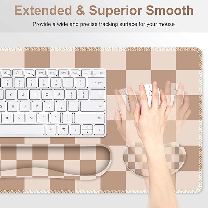 Beige Khaki Checkered Mouse Pad Set 4 in1 Large Gaming Ergonomics Keyboard Desk Mat with Memory Foam Wrist Rest Extended Game Mousepad Non-Slip Desk Pad Matt Easy Typing Pain Relief