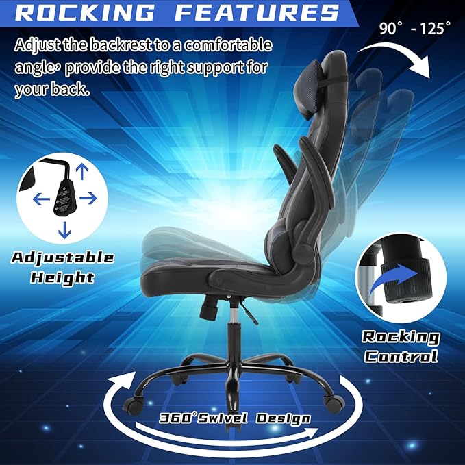 BLKMTY PC Gaming Ergonomic Computer Chair - Adjustable Office Swivel Video Game Racing Chair with Lumbar Support and Headrest - High Back Executive for Adults Grey