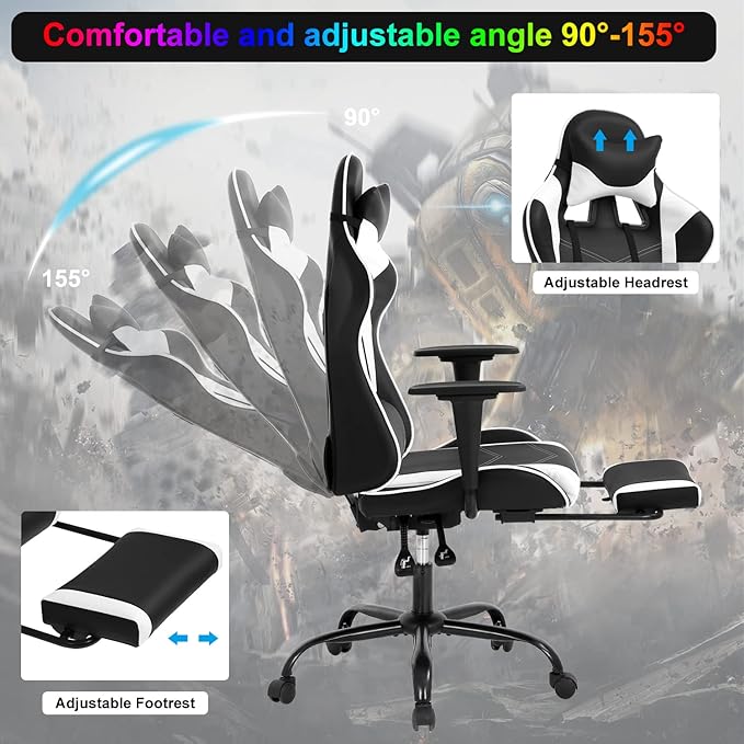 Gaming Chair Computer Chair Ergonomic Gaming Chair with Footrest Reclining High Back Video Game Chair with Lumbar Support Headrest Armrest Swivel Seat for Teen (White)