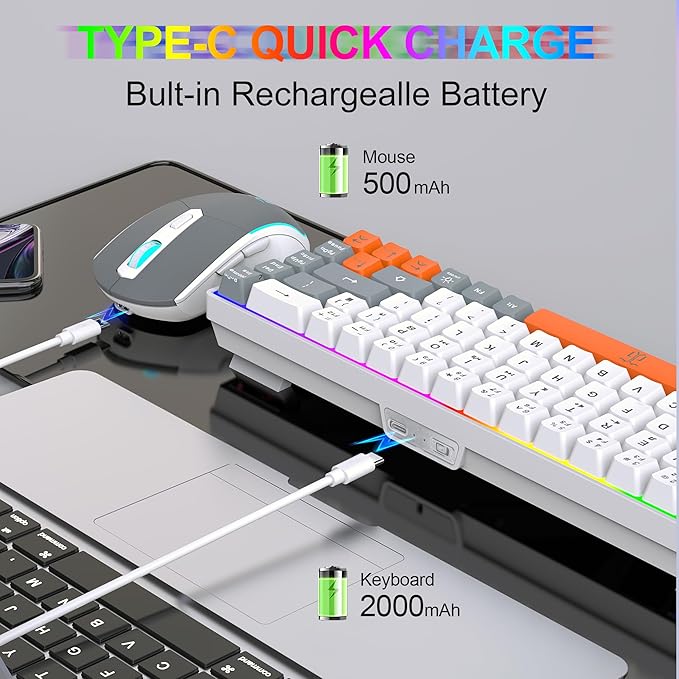 Snpurdiri 60% Wireless Gaming Keyboard and Mouse ComboRainbow Backlit Rechargeable 2000mAh BatteryMini Mechanical Feel Keyboard +Popular RGB Mice for GamingBusiness Office(Gray-White-Orange)