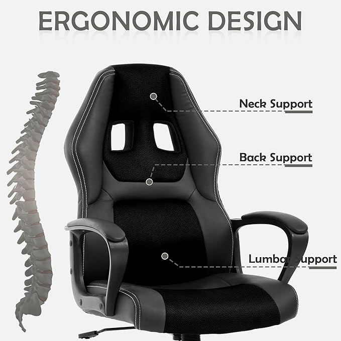 Massage Gaming Chair Gaming Chair with Massager Massage Lumbar Support Gaming Chairs for Adults Office Gaming Chair with 360°Swivel Comfortable Gaming Chair with Height Adjustable All Black