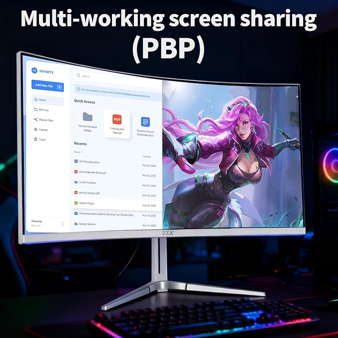 ZZA 34'' Gaming Monitor-165Hz/180Hz WQHD (3440x1440P) Ultrawide 34 White Curved MonitorFreeSync for Tear-Free Gaming100% sRGB HDMI 2.1 &amp DP 1.4PBP ModeWall Mountable
