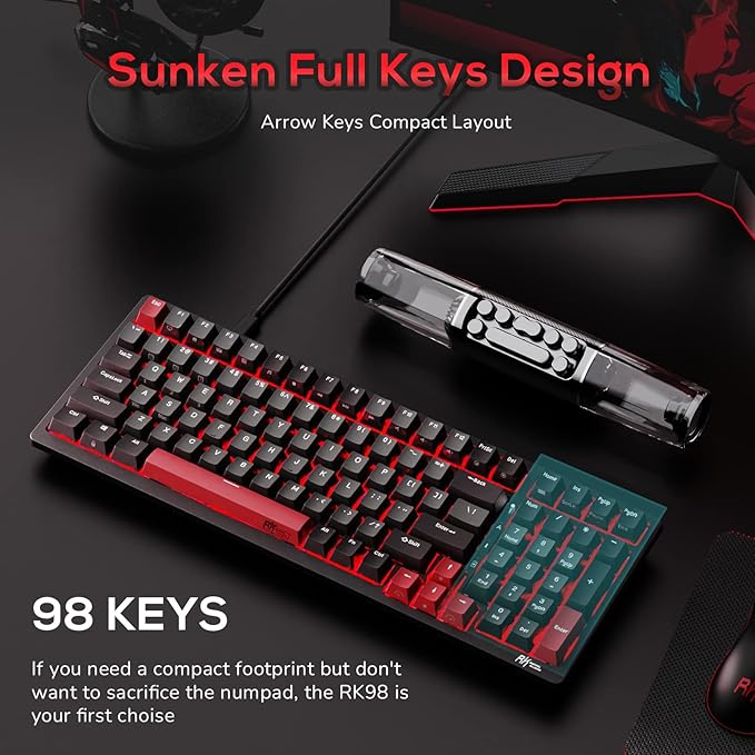 RK ROYAL KLUDGE RK98 Gaming Keyboard Wireless Mechanical Keyboard 100 Keys Tri-Mode BT5.1/2.4G/USB-C Full Size Hot Swappable Custom Keyboard with Numpad RGB Backlit Massive Battery Silver Switch