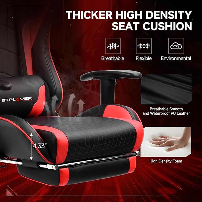 GTPLAYER Gaming ChairGamer Chair with Bluetooth and Adjustable BackrestSeat Height Adjustable Computer Chairs with 3D ArmrestsVideo Game Chair with Footrest Speakers (Red)