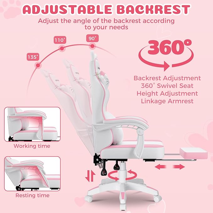 HOFFREE Pink Gaming Chair with Cat Ears and Cloud Massage Lumbar Ergonomic Cute Computer Chair for Girls with Footrest Comfortable Reclining Game Chairs for Adults Pink and White