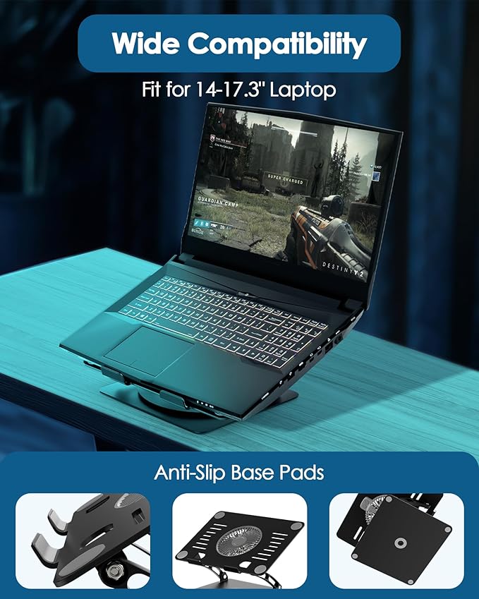 SHUWEI Gaming Laptop Cooling Pad with 360° Rotation Base Ergonimic Aluminum Laptop Cooling Stand with 3 Speed Fan Adjustable Height Laptop Cooling Pad for 10-17.3'' Notebook - Silver