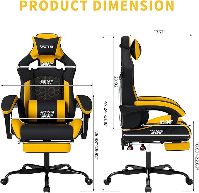 Gaming Chair with MassageErgonomic PC Gaming Chair with Footrest Comfortable Headrest and Lumbar SupportHigh Back Game Chair PVC Leather300LBS (BlackYellow)