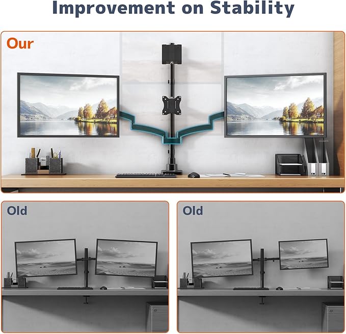 PUTORSEN Quad Monitor Mount for up to 49’’ Ultrawide on Top Bracket and 27’’ Screens on Lower Brackets Holds up to 44lbs Quad Monitor Stand with Gas Spring C-Clamp &amp Grommet Base