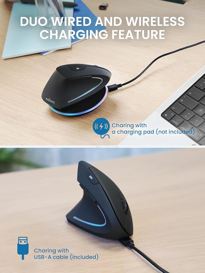 Perixx PERIMICE-713LR - Left Handed Cordless Rechargeable Vertical Mouse - Duo Wired and Wireless Charging Feature - 6 Buttons Design - Left Handed