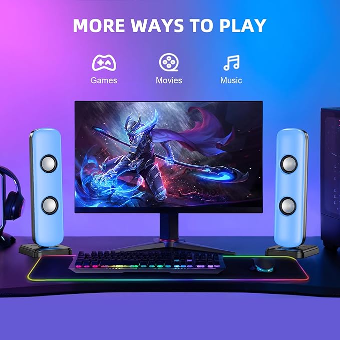 NJSJ Computer Speakers for Desktop 20W Hi-Fi Stereo Gaming Speakers with Bluetooth &amp 3.5mm Aux-in Connection Controllable RGB Lights AC Adapter Powered PC Speakers for Laptop Monitors Phones