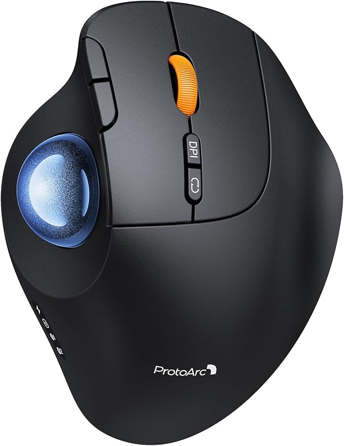 ProtoArc Wireless Bluetooth Trackball Mouse EM02 Two Adjustable Angle Ergonomic Rechargeable Computer Ball Mouse 3 Device Connection Thumb Control and Smooth Tracking for Laptop PC Mac-Blue