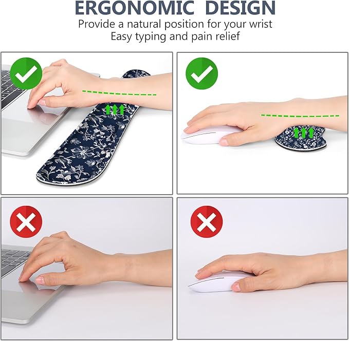 DINKY Mousepad with Wrist Rest Desk Pad for Keyboard and Mouse Ergonomic Mouse Pad Set Keyboard Wrist Rest with Coaster Desk Mat Set for Office Home Blue Art Leaf