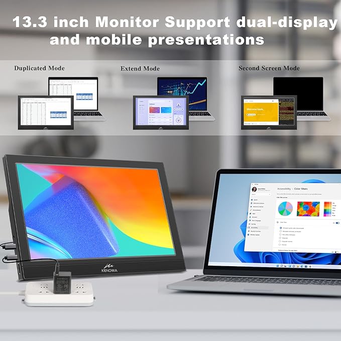 Kenowa Portable Monitor 13.3 Inch - HD 1366x768P LED Display External Monitor with USB C HDMI Built-in Speakers Second Screen for Laptop Phone Mac PC PS4 Xbox