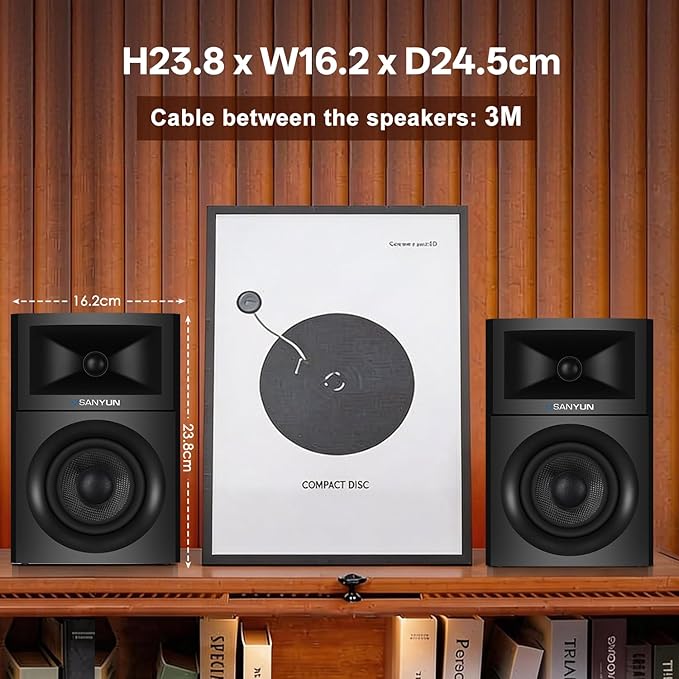 Sanyun SW205 80W Powered Bookshelf Speakers with 3D Soundstage | Precision DSP Spatial Audio &amp Geometric Cabinet | 4 Glass Fiber Woofer Optical/Bluetooth 5.4/AUX Wireless Remote (Pair Cherry)