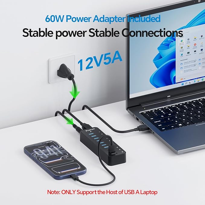 USB 3.0 Hub 10Ports USB-Hub with 7 USB-3.0 &amp 3 BC1.2 Ports Multi USB 60W Data Hub Compatible for USB A Laptops PC All USB Devices Mobile and HDD USB 3.1 Splitter