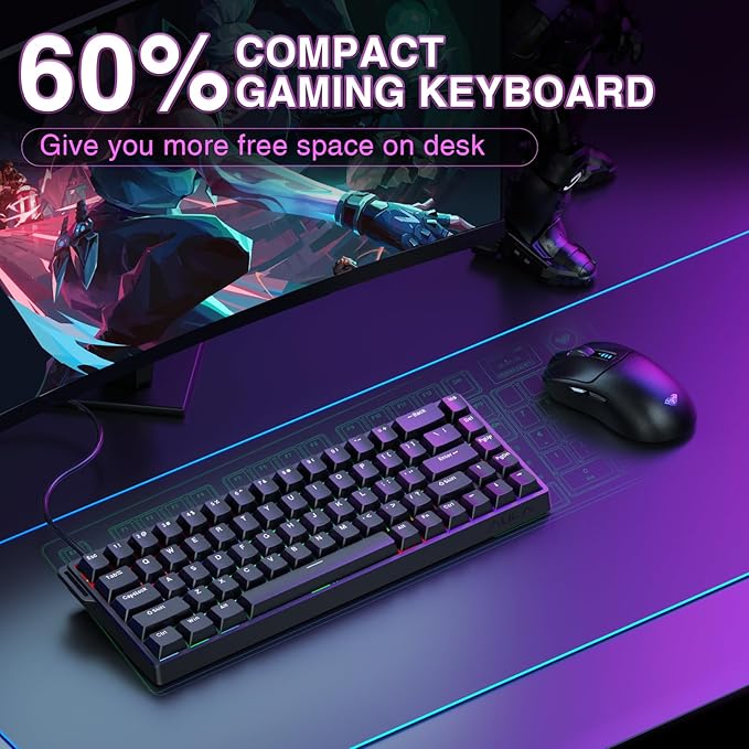 AULA WIN68 HE Mechanical Gaming Keyboard 60% Hall Effect Magnetic Switch Fast Trigger Mode Adjustable Actuation 8000Hz Polling Rate RGB Backlit Wired Black Keyboard for Laptop/PC Gamer