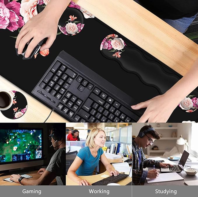 Black Mouse PadKeyboard Mouse Pad SetExtended Gaming Mouse Pad + Memory Foam Keyboard Wrist Rest SupportPeony Flower Office Desk Mat Writing Pad Easy Typing Pain ReliefXXL Large Mousepad Desk Mat