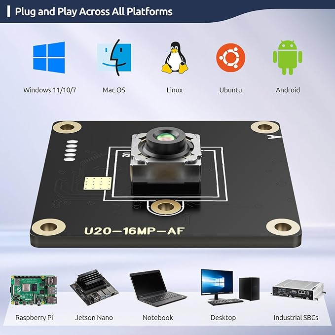 16MP (4656x3496) USB2.0 UVC Camera Phase Detection Auto-Focus 1/2.8 IMX298 HDR Sensor Plug &amp Play for PC Raspberry Pi Jetson Nano and SBCs Support Windows Linux Android Mac OS