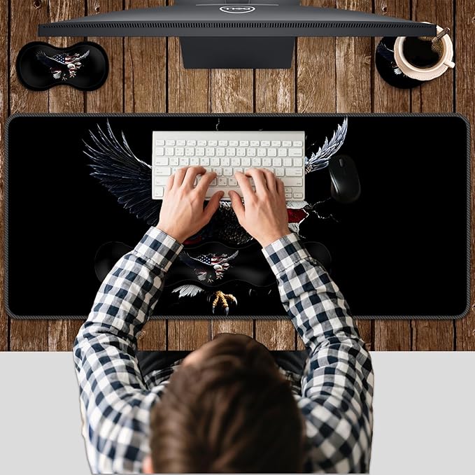 Ergonomic Keyboard Wrist Rest &amp Mouse Pad Wrist Rest SetXL Gaming Desk Mat 31.5x 11.8Non-Slip BaseMemory FoamEasy Typing Pain Relief for Office &amp HomeEagle Breaking American Flag