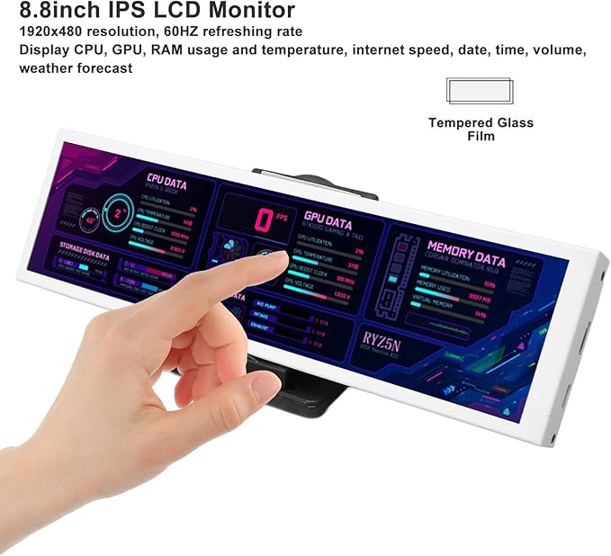 Sanpyl Computer Temp Monitor 8.8 Inch USB C Mini Screen PC Temperature Display CPU GPU SSD Data Monitor PC Sensor Panel for Desktop Gaming (White)